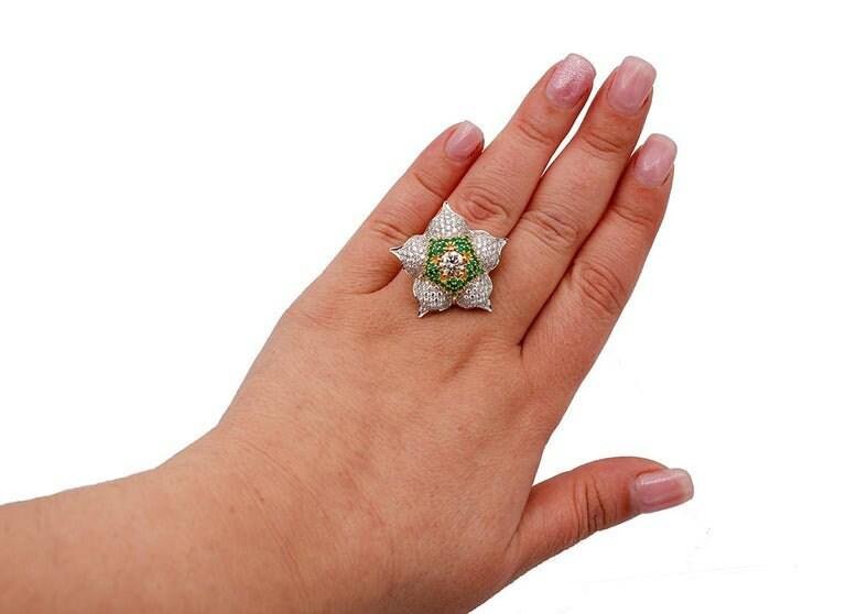 Emerald, Diamond & 18 Karat White and Yellow Gold Flower Ring