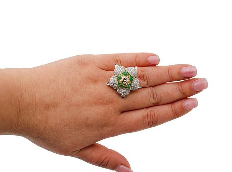 Emerald, Diamond & 18 Karat White and Yellow Gold Flower Ring