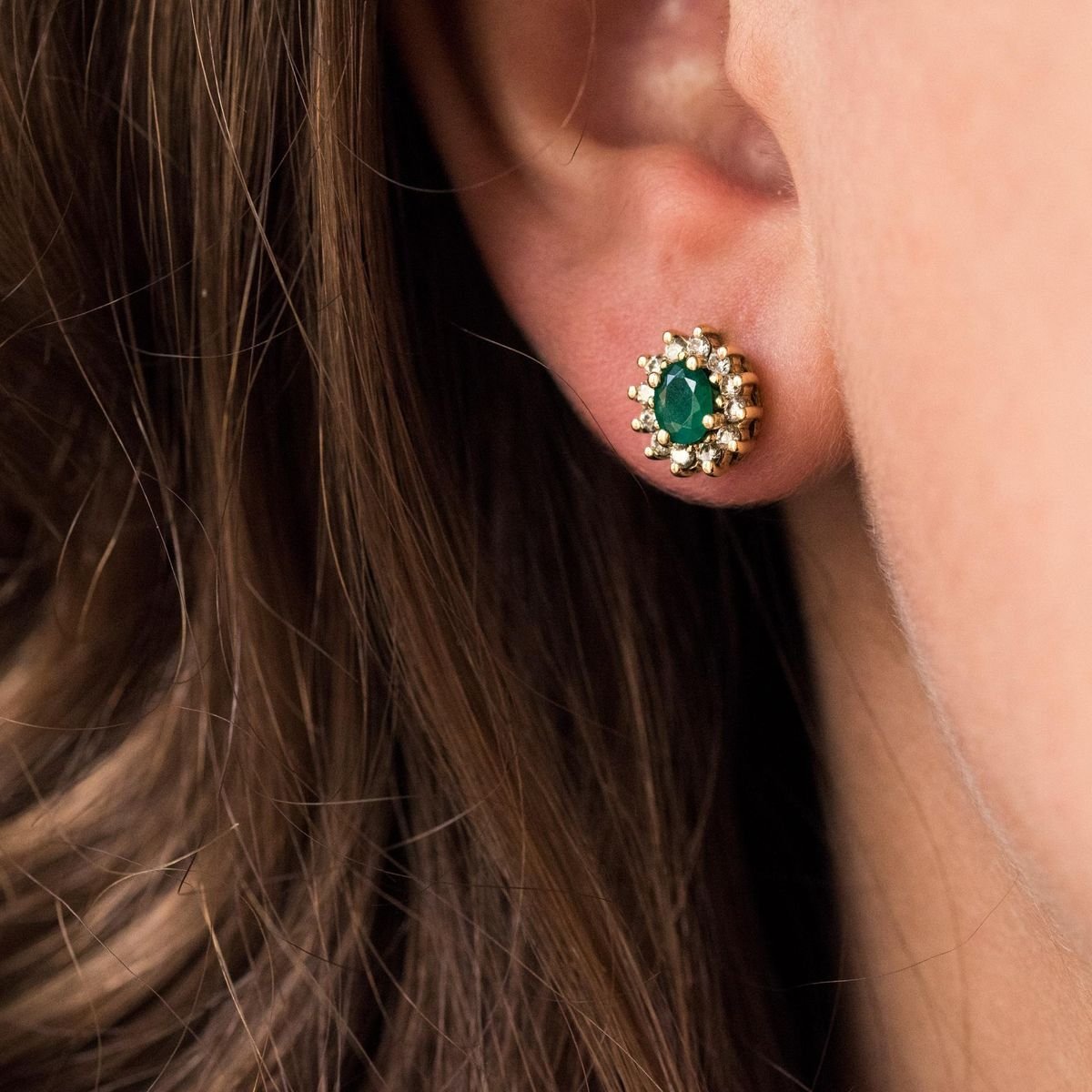 Emerald, Diamond and 18 Karat Yellow Gold Daisy Earrings, Set of 2