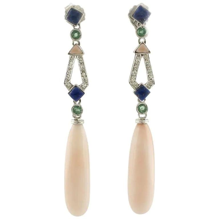 Emerald, Diamond, Lapis, Pink Coral & 14K White Gold Drop Earrings, Set of 2