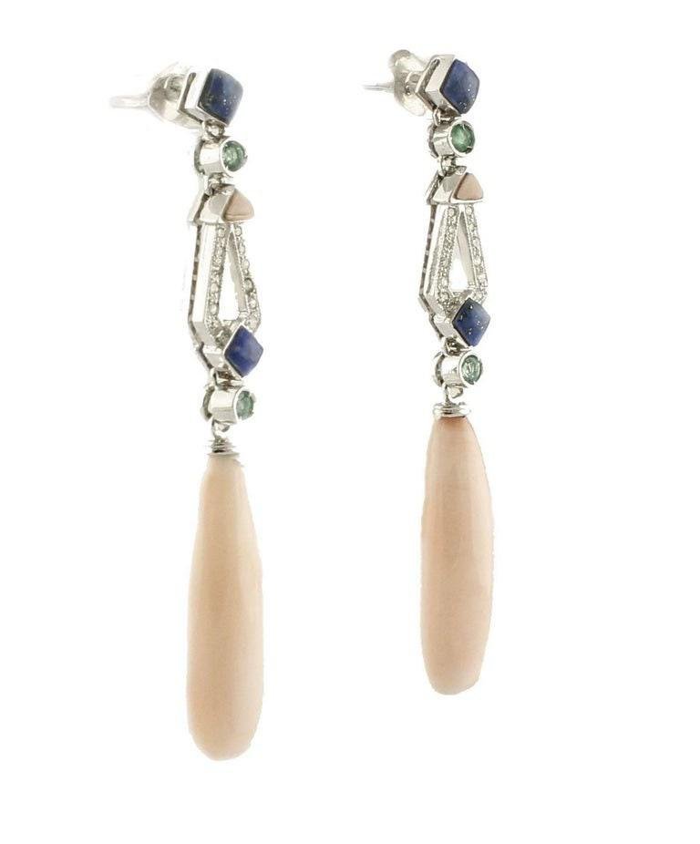 Emerald, Diamond, Lapis, Pink Coral & 14K White Gold Drop Earrings, Set of 2