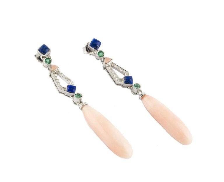 Emerald, Diamond, Lapis, Pink Coral & 14K White Gold Drop Earrings, Set of 2