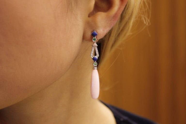 Emerald, Diamond, Lapis, Pink Coral & 14K White Gold Drop Earrings, Set of 2