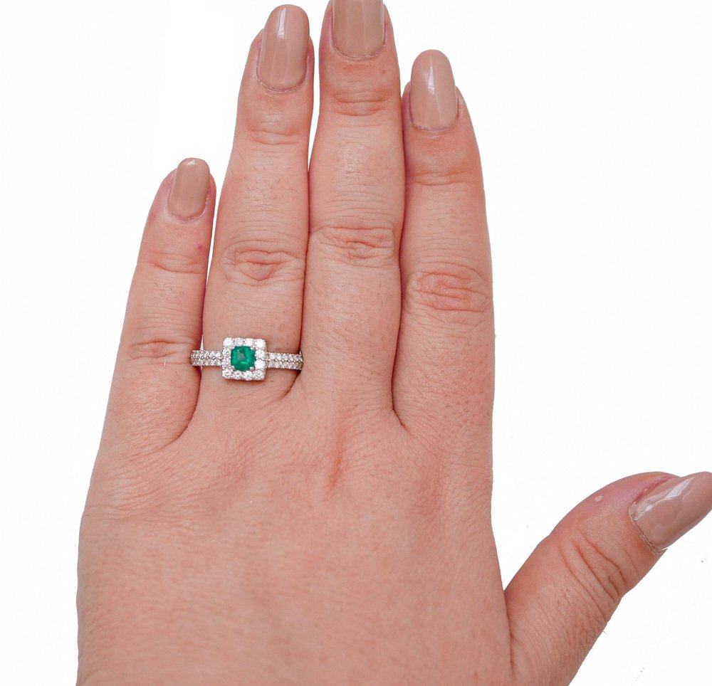 Emerald, Diamonds and 18 Karat White Gold Ring