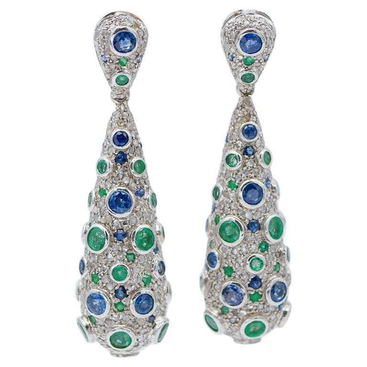 Emerald Diamonds Sapphires Rose Gold & Silver Dangle Earrings, Set of 2