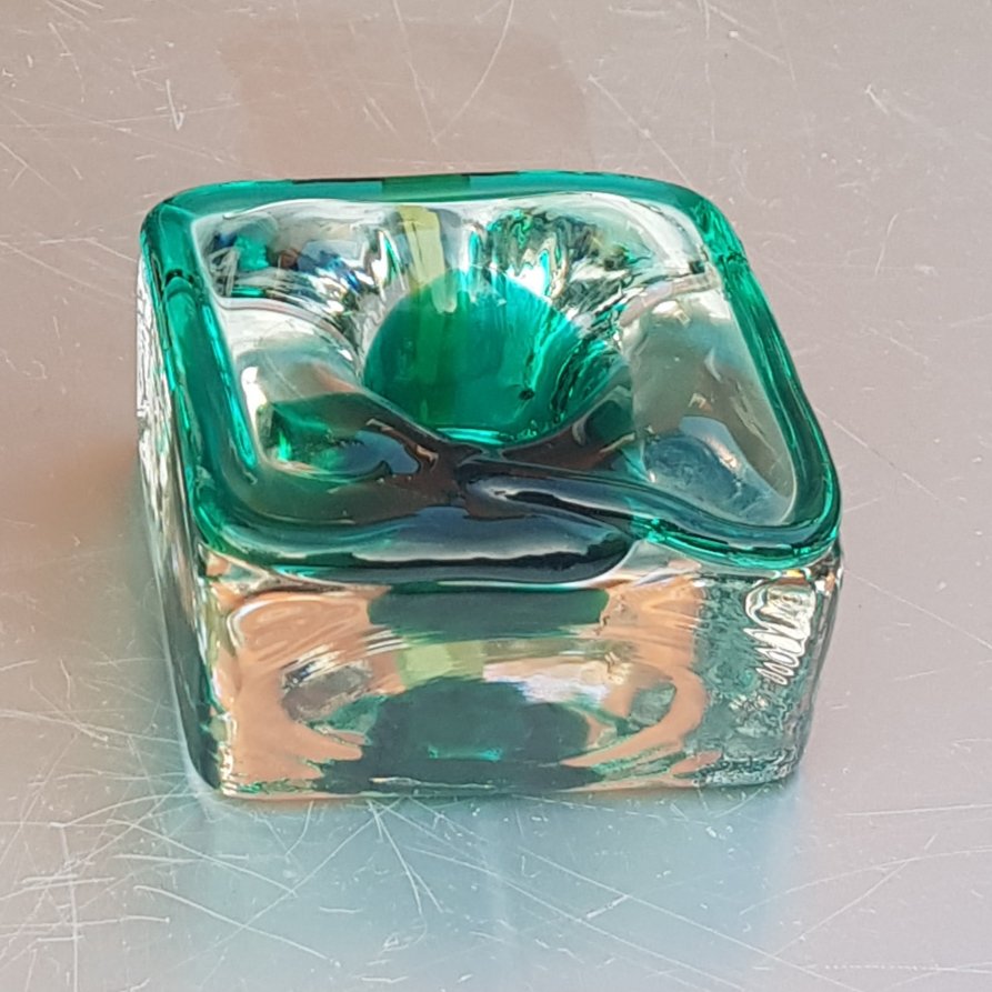 Emerald Green and Clear Glass Block Vase and Candle Holder, 1970s, Set of 2-QDP-1015080