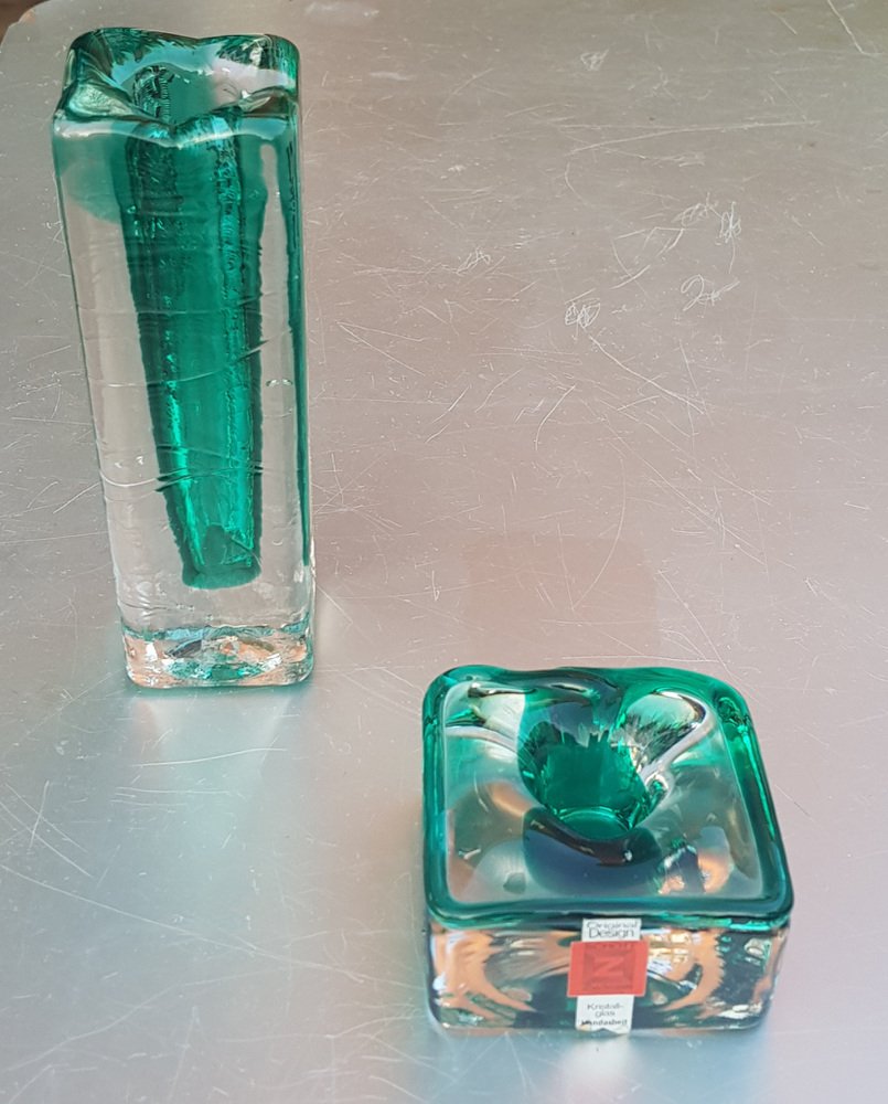 Emerald Green and Clear Glass Block Vase and Candle Holder, 1970s, Set of 2