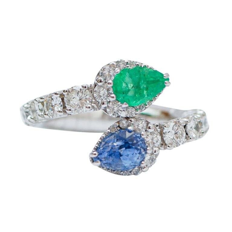 Emerald, Sapphire, Diamonds and 18 Karat White Gold Ring