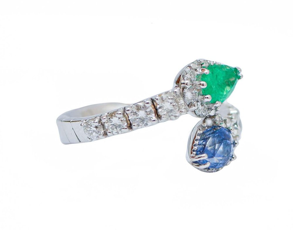 Emerald, Sapphire, Diamonds and 18 Karat White Gold Ring