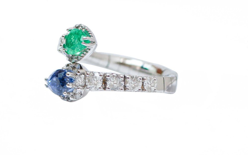 Emerald, Sapphire, Diamonds and 18 Karat White Gold Ring