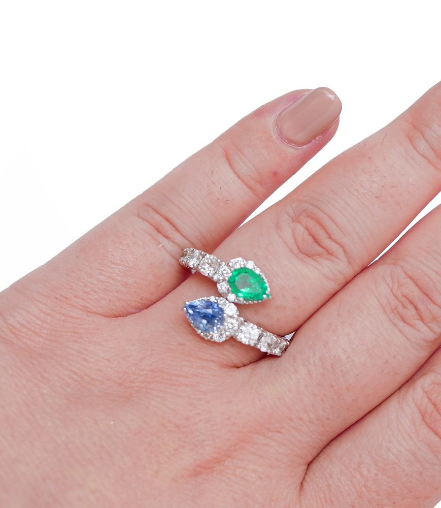 Emerald, Sapphire, Diamonds and 18 Karat White Gold Ring