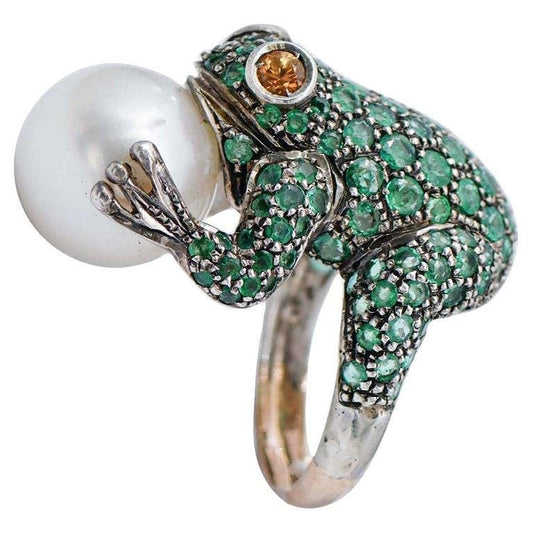 Emeralds, Yellow Sapphires, Pearl, Rose Gold & Silver Frog Shape Ring