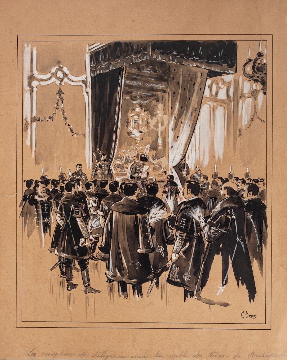 Emile Brod, Reception, Ink and Watercolor on Paper, Early 20th Century