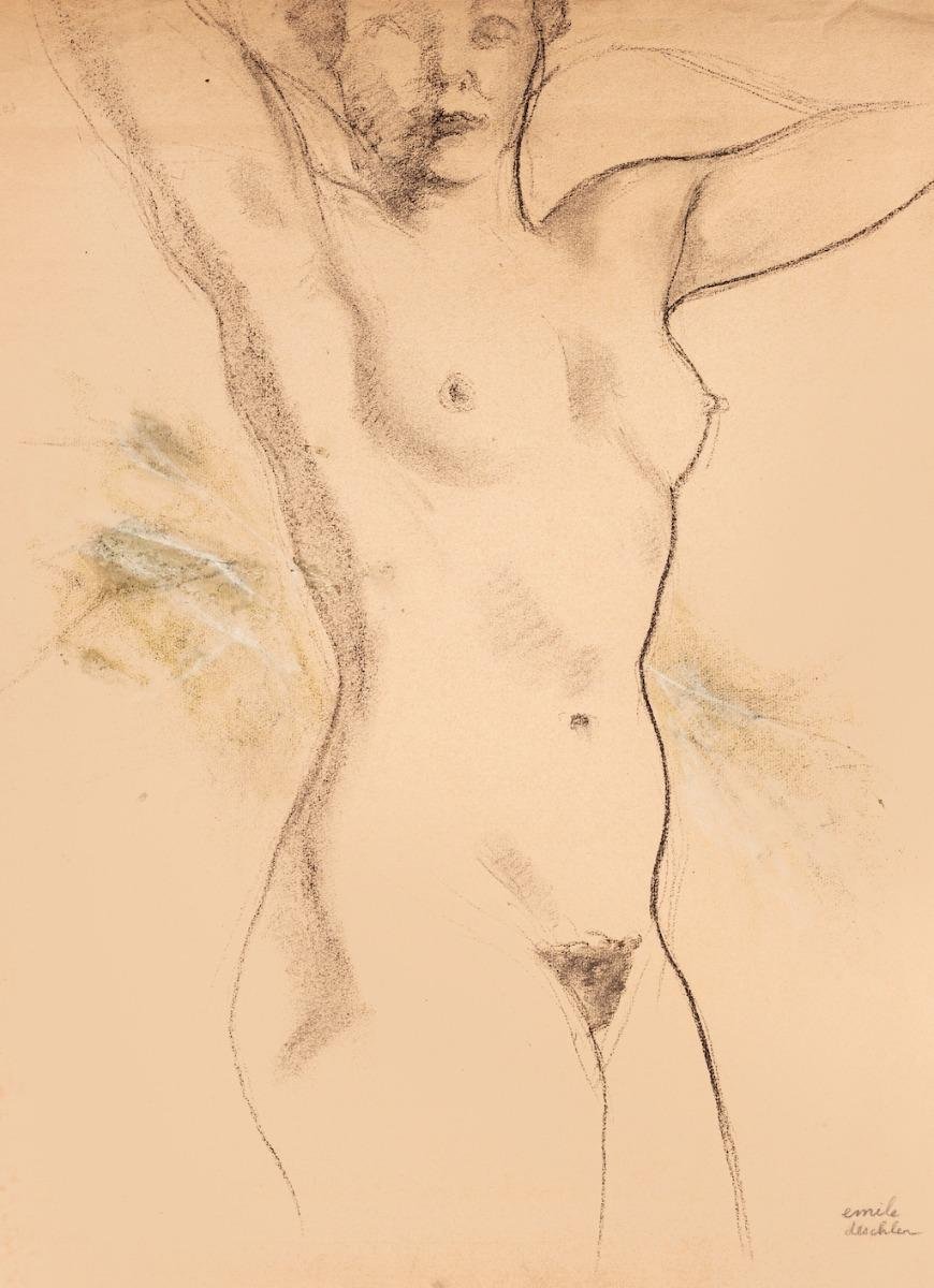 Emile Deschler, Nude, Charcoal Drawing, 1986