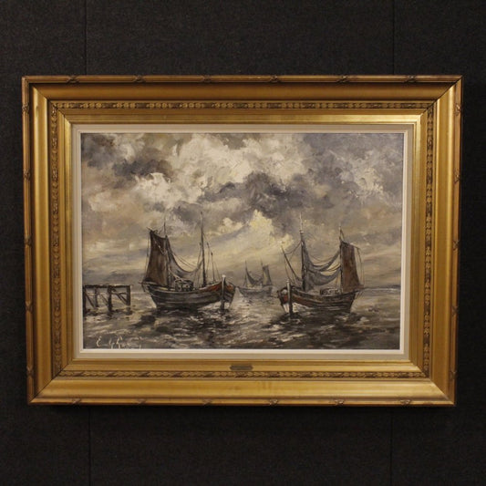 Emile Lammers, Seascape with Boats, 1960, Oil on Canvas, Framed