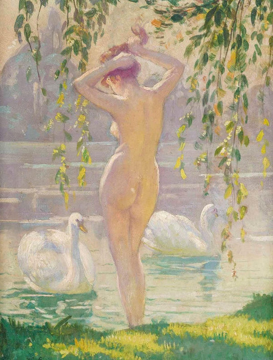 Emile Quentin-Brin, Nude Woman on the Banks of the Lake, 1930, Painting on Wood Panel, Framed