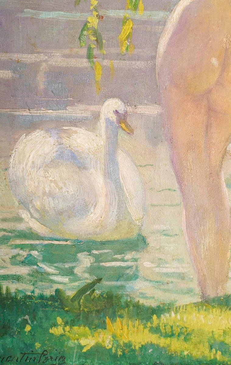 Emile Quentin-Brin, Nude Woman on the Banks of the Lake, 1930, Painting on Wood Panel, Framed