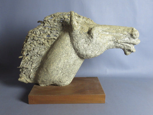 Emilia Parea, Horse Head Sculpture, 1960s, Granite and Papier-Mâché on Wood Base