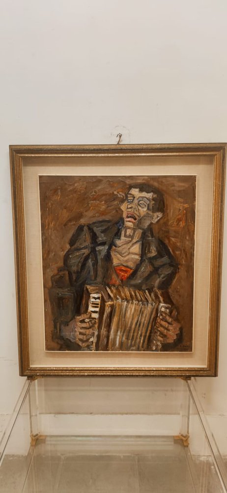 Emilio Notte, The Blind Player, 1970s, Oil on Canvas, Framed