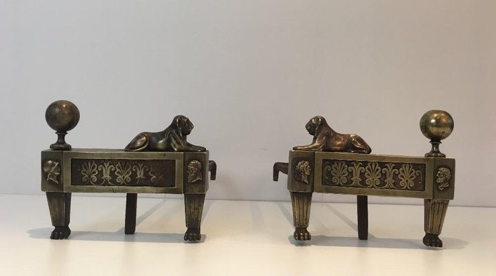 Empire Bronze Andirons with Lions, France, 1850s, Set of 2-BA-658574