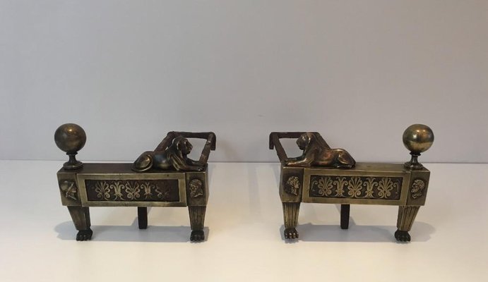 Empire Bronze Andirons with Lions, France, 1850s, Set of 2-BA-658574