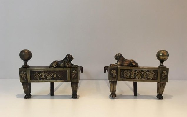 Empire Bronze Andirons with Lions, France, 1850s, Set of 2-BA-658574