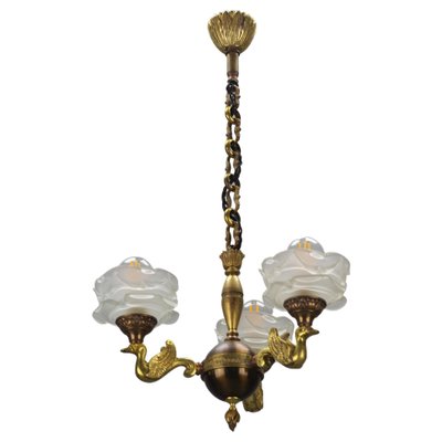 Empire French Brass, Bronze and Frosted Glass Three-Light Chandelier, 1950s-KEG-1407031