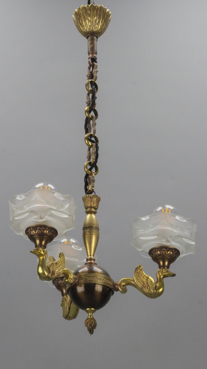 Empire French Brass, Bronze and Frosted Glass Three-Light Chandelier, 1950s