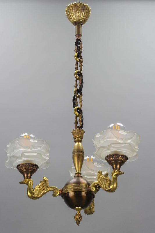 Empire French Brass, Bronze and Frosted Glass Three-Light Chandelier, 1950s