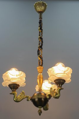 Empire French Brass, Bronze and Frosted Glass Three-Light Chandelier, 1950s-KEG-1407031