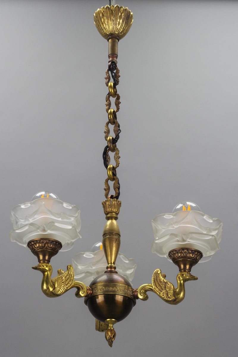 Empire French Brass, Bronze and Frosted Glass Three-Light Chandelier, 1950s