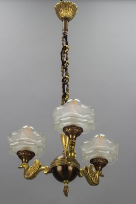 Empire French Brass, Bronze and Frosted Glass Three-Light Chandelier, 1950s-KEG-1407031