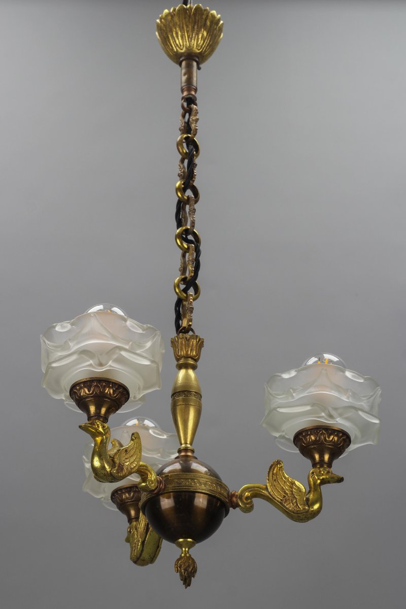 Empire French Brass, Bronze and Frosted Glass Three-Light Chandelier, 1950s