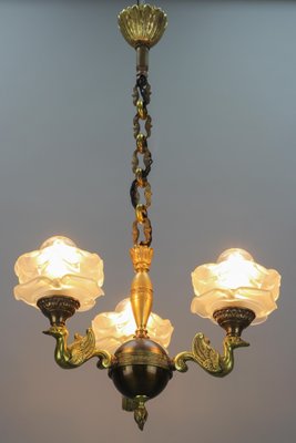 Empire French Brass, Bronze and Frosted Glass Three-Light Chandelier, 1950s-KEG-1407031