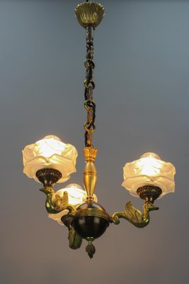 Empire French Brass, Bronze and Frosted Glass Three-Light Chandelier, 1950s-KEG-1407031