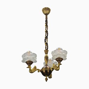 Empire French Brass, Bronze and Frosted Glass Three-Light Chandelier, 1950s-KEG-1407031