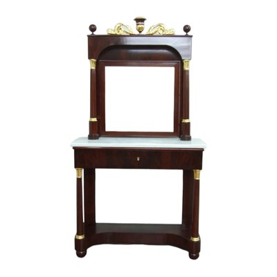 Empire French Mahogany Console Table with Marble Top and Mirror with Gilt Carved Wood and Vase on Top-TCS-1760198