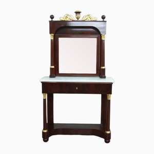 Empire French Mahogany Console Table with Marble Top and Mirror with Gilt Carved Wood and Vase on Top-TCS-1760198