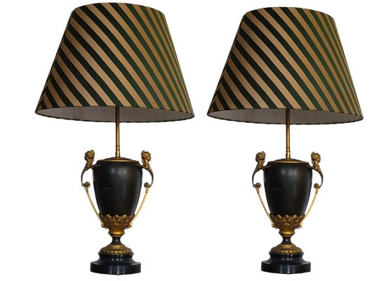 Empire Gilt Bronze and Lacquered Metal Table Lamps with Silk Shades, Set of 2-TCS-1354503