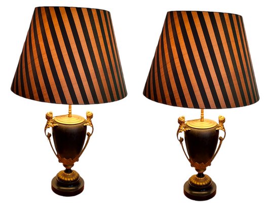 Empire Gilt Bronze and Lacquered Metal Table Lamps with Silk Shades, Set of 2-TCS-1354503