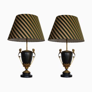 Empire Gilt Bronze and Lacquered Metal Table Lamps with Silk Shades, Set of 2-TCS-1354503