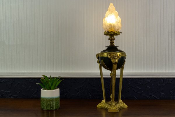 Empire Style Bronze and Flame Shaped Glass Shade Table Lamp, 1920s-KEG-901418