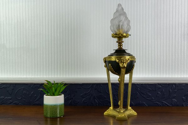 Empire Style Bronze and Flame Shaped Glass Shade Table Lamp, 1920s-KEG-901418