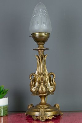 Empire Style Bronze-Colored Pewter and Frosted Cut Glass Table Lamp, 1900s-KEG-799448