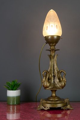 Empire Style Bronze-Colored Pewter and Frosted Cut Glass Table Lamp, 1900s-KEG-799448