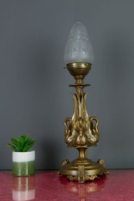 Empire Style Bronze-Colored Pewter and Frosted Cut Glass Table Lamp, 1900s-KEG-799448