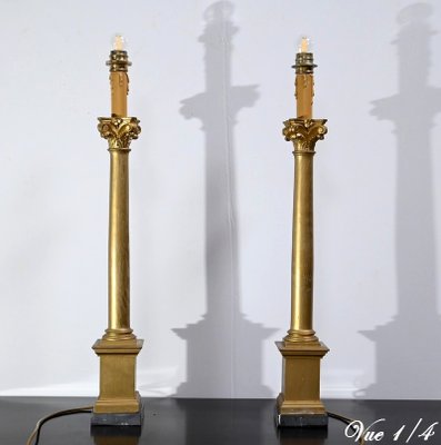 Empire Style Giltwood Candleholder Table Lamps, 19th Century, Set of 2-RVK-1701952