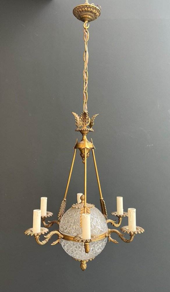 Empire Style Hot Air Balloon Chandelier in Bronze and Crystal, 1940s