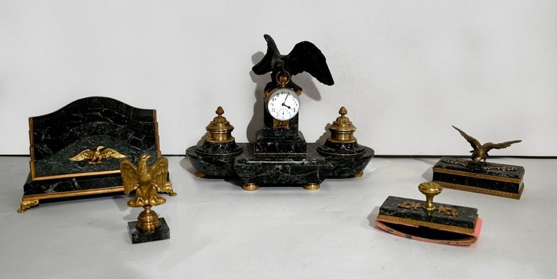 Empire Style Marble and Bronze Clock Set, Late 1800s, Set of 5-RVK-1420555