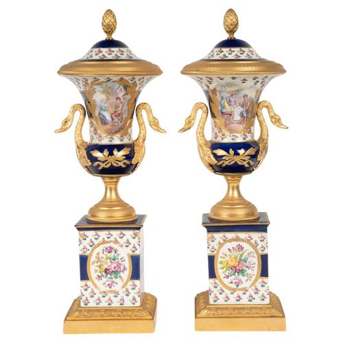 Empire Style Sèvres Porcelain and Gilt Bronze Cassolettes, Set of 2